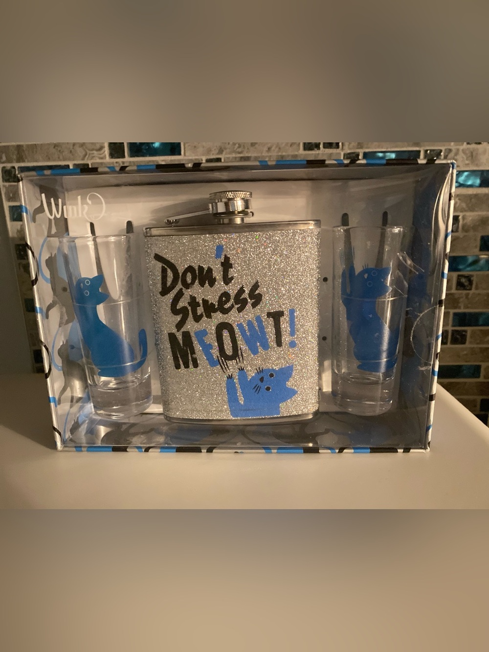 Wink Silver Glitter Flask Set with Blue Cat Shot Glasses DONT STRESS MEOWT